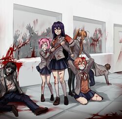  &gt;_&lt; 2boys 4girls absurdres all_fours alternate_universe apocalypse axe blank_eyes blood blood_on_clothes blue_pants blue_skirt breasts brown_footwear collared_shirt colored_skin commentary corpse crying death doki_doki_literature_club english_commentary green_skin grey_jacket hair_intakes highres holding holding_axe jacket long_hair ma2_ereki medium_breasts monika_(doki_doki_literature_club) multiple_boys multiple_girls natsuki_(doki_doki_literature_club) neck_ribbon oerba_yun_fang open_mouth pants parted_lips pink_hair ponytail protagonist_(doki_doki_literature_club) red_ribbon ribbon sayori_(doki_doki_literature_club) scared school_uniform shirt shoes short_hair sidelocks skirt small_breasts smile socks streaming_tears tears very_long_hair white_shirt white_socks window yuri_(doki_doki_literature_club) zombie 