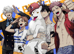  3boys :d abs alternate_costume animal antlers arm_up bangle black_hair black_jacket black_necktie black_pants black_suit blue_eyes blue_shirt blush bracelet brown_eyes brown_hair candy canine clenched_hands closed_mouth collared_shirt copyright_name cosplay cowboy_shot donggoureng2 dress_shirt earrings facial_mark female food formal fushiguro_megumi gojou_satoru hair_over_one_eye hat highres holding holding_animal horns itadori_yuuji jacket jewelry jujutsu_kaisen kugisaki_nobara log_pose lollipop long_sleeves looking_at_viewer looking_away monkey_d._luffy monkey_d._luffy_(cosplay) multiple_boys nami_(one_piece) nami_(one_piece)_(cosplay) necktie one_piece open_clothes open_mouth open_vest pants pink_hair pinstripe_pattern pinstripe_shirt red_headwear roronoa_zoro roronoa_zoro_(cosplay) salute sanji_(one_piece) sanji_(one_piece)_(cosplay) shirt short_hair short_sleeves smile spiked_hair standing straw_hat striped suit swept_bangs tony_tony_chopper tony_tony_chopper_(cosplay) top_hat tsurime undercut vest waving white_hair white_shirt yellow_eyes 