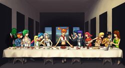  0chan 2boys 2ch.ru 6+girls ahoge animal_ears anonymous_(4chan) banhammer-tan bare_shoulders black_hair blonde_hair blue_hair bottle bow braid breasts brown_hair cake cake_slice cat_ears caterpiller-chan cleavage closed_eyes crop_top cup dobropoke dobrotan drinking_glass dvach-tan feet fine_art_parody food green_hair grey_hair hairbow highres iichan.ru indoors jpeg_artifacts key long_hair long_table mechanical_arms medium_hair mentach-chan midriff mithgirl multiple_boys multiple_girls navel nowai-chan null-sama orange_hair parody pink_hair pizza purple_hair ribbon ru-chans sailor_collar shirt short_twintails single_mechanical_arm sitting slavya-chan sleeveless standing t-shirt table the_last_supper twintails uniform unyl-chan ussr-tan window wine_glass 