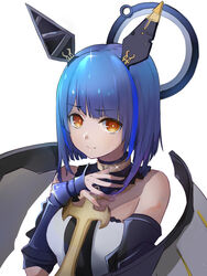  amco azur_lane bad_id bad_pixiv_id bare_shoulders blue_hair breasts choker commentary_request cross dress female floating_headgear gascogne_(azur_lane) gauntlets hair_ornament halo headgear highres holding looking_at_viewer mechanical_halo medium_breasts multicolored_hair short_hair simple_background solo strapless strapless_dress white_background white_dress yellow_eyes 