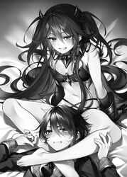  1boy bare_arms bare_shoulders barefoot bed_sheet bikini black_bikini collar dragon_horns female flat_chest gloves greyscale grin hair_spread_out halterneck highres horns leg_lock leonis_death_magnus long_hair monochrome multi-strapped_bikini nail_polish navel novel_illustration official_art revealing_clothes seiken_gakuin_no_maken_tsukai short_hair smile stomach swimsuit thighs toenail_polish toenails toosaka_asagi two_side_up veira_(seiken_gakuin_no_maken_tsukai) very_long_hair 