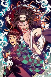  1boy bamboo big_hair bit_gag black_hair brown_eyes brown_hair checkered_haori checkered_sash claw_pose commentary_request crescent_moon demon_slayer_uniform earrings female fingernails flat_chest gag hair_ribbon haori jacket japanese_clothes jewelry kamado_nezuko kamado_tanjirou kimetsu_no_yaiba kimono leg_warmers long_hair manda_schank moon mouth_hold multicolored_hair obi orange_hair pink_eyes pink_kimono ribbon sandals sash scar scar_on_face scar_on_forehead sharp_fingernails sheath slit_pupils smoke two-tone_hair unsheathing 