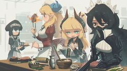  4girls :d absurdres armor black_eyes black_hair blonde_hair blue_horns blunt_bangs borrowed_character bowl breath_weapon breathing_fire character_request cleaning_glasses commentary cooking crossover curled_horns dragon_maid_(murgoten) english_commentary executioner_maid_(centuriic) eyes_visible_through_hair fire flareze_(porforever) food freckles gauntlets glasses green_eyes hat highres horns indoors juliet_sleeves kitchen long_sleeves maid maid_headdress mask meat mouth_mask multiple_crossover multiple_girls opaque_glasses open_mouth original pointy_ears porforever puffy_sleeves rolling_pin smile sweatdrop sword weapon 