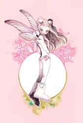  absurdres ass blush boots bug circle female full_body grey_hair hand_up highres leaf long_hair moth original oversized_insect panties pink_background pink_panties smile solo standing topless underwear white_footwear wings yellow_eyes yuuinami 