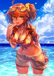  absurdres ahoge arm_behind_back bikini blue_sky bracelet breasts cleavage clothes_pull cloud cloudy_sky commentary_request cowboy_shot crossed_bangs day eyewear_on_head fate/grand_order fate_(series) female floral_print fujimaru_ritsuka_(female) fujimaru_ritsuka_(female)_(tropical_summer) grey_shorts hair_between_eyes hair_ornament hair_scrunchie hand_to_own_mouth hawaiian_shirt highres jewelry kin_mokusei large_breasts leaning_forward looking_at_viewer navel ocean open_clothes open_mouth open_shorts orange_hair outdoors print_shirt scrunchie shirt short_shorts short_sleeves shorts shorts_pull side_ponytail sky smile solo stomach striped_bikini striped_clothes swimsuit tan tanlines tongue wading water wet yellow_eyes 