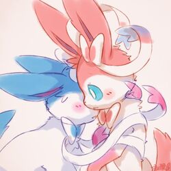  1:1 ambiguous/ambiguous ambiguous_gender blue_body blue_ears blue_eyes blue_fur blue_inner_ear blue_tail blush bow_(feature) digital_media_(artwork) duo ear_bow ears_back eeveelution feral feral_on_feral fur generation_6_pokemon half-length_portrait hug intraspecies kemono leg_markings looking_at_another looking_at_partner love low_res mammal markings monotone_tail multicolored_body multicolored_fur neck_bow nintendo no_sclera obscured_eyes on_hind_legs pink_background pink_body pink_ears pink_fur pink_inner_ear pink_tail pivoted_ears pokemon pokemon_(species) portrait pupils quadruped ribbon_coil ribbons ribbons_(anatomy) romantic romantic_couple shiny_pokemon side_view simple_background sitting socks_(marking) sylveon tail two_tone_body two_tone_fur white_body white_fur white_pupils white_ribbon wolfwithwing 