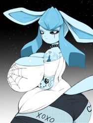  3:4 absurd_res alternative_fashion anthro big_breasts black_sclera blue_body breasts cleavage clothed clothing collar eeveelution female footwear generation_4_pokemon glaceon goth hi_res huge_breasts legwear looking_at_viewer nintendo overweight panties pokemon pokemon_(species) pokemorph shirt simple_background skullwife slightly_chubby socks solo spiked_collar spikes tattoo thigh_highs thigh_socks topwear underwear 