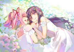  2girls :d ^_^ akemi_homura armband armpit_crease bare_arms bare_shoulders black_hair blush clenched_hands closed_eyes closed_mouth commentary dress facing_viewer field flat_chest flower flower_field frilled_armband frills furrowed_brow grass hair_ribbon hand_rest happy kaname_madoka korean_commentary laughing lips long_hair looking_at_another luminous_(madoka_magica) mahou_shoujo_madoka_magica mahou_shoujo_madoka_magica_(anime) mahou_shoujo_madoka_magica_movie_1_&amp;_2 multicolored_hair multiple_girls nature open_mouth outdoors pink_hair profile purple_eyes red_ribbon ribbon seveneightdu short_twintails sleeveless sleeveless_dress smile tareme twintails white_dress white_flower yuri 