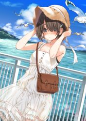  :o adjusting_clothes adjusting_headwear bag bird blue_eyes brown_hair cloud cowboy_shot dress eyes_visible_through_hair female hair_between_eyes hair_ornament hairclip hat highres kukiha mountain original outdoors railing ribbon seagull short_hair sky solo sun_hat sundress water white_dress white_ribbon 