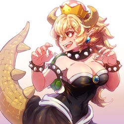  animal_ears armlet bare_shoulders black_dress blonde_hair bowsette bracelet breasts chest_jewel claws cleavage collar commentary_request cowboy_shot crown dress fangs female fingernails gradient_background hair_between_eyes highres horns jewelry kin_mokusei large_breasts long_hair looking_back looking_to_the_side mario_(series) new_super_mario_bros._u_deluxe open_mouth pointy_ears red_eyes sharp_fingernails smile solo spiked_armlet spiked_bracelet spiked_collar spiked_shell spiked_tail spikes strapless strapless_dress super_crown tail thick_eyebrows turtle_shell 