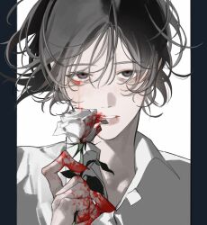  1boy absurdres black_hair blood blood_from_mouth blood_on_clothes blood_on_face blood_on_hand blood_on_weapon blood_splatter border collared_shirt commentary english_commentary highres looking_at_viewer male_focus nidone_0927 nosebleed original portrait shirt short_hair simple_background solo weapon white_background white_shirt wind wispy_bangs 