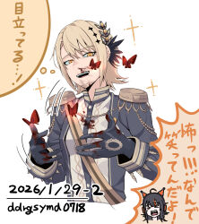  2girls aiguillette artist_name black_coat black_gloves blonde_hair blood blood_on_clothes blood_on_hand bug butterfly coat commentary_request curtained_hair dated diamond_hair_ornament dogeyama_um epaulettes gloves hair_ornament hasumi_leia high_collar highres long_sleeves looking_at_viewer mahou_shoujo_no_majo_saiban multiple_girls nosebleed open_mouth red_butterfly sash short_hair shoulder_sash signature simple_background smile solo_focus sparkle speech_bubble teeth translation_request upper_body upper_teeth_only white_background yellow_eyes 