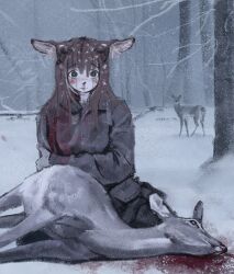  absurdres animal_ears blood blood_on_clothes brown_hair coat dead_animal deer deer_girl facing_viewer female forest freckles highres nature nosebleed original outdoors sitting snowing solo_focus stuffbecauseidk winter_clothes 