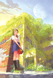  bird bow bowtie brown_eyes brown_hair building cloud collared_shirt crossed_legs female flower from_below gift_bag hair_ornament hairclip highres holding kneehighs loafers looking_afar low_twintails moon original outdoors overgrown plant pleated_skirt scenery school_uniform shirt shoes short_twintails skirt sky smile socks solo traditional_media tree twintails vines yuu_(mol) 