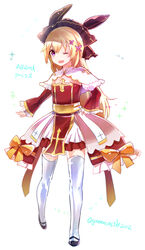  :d arch_bishop_(ragnarok_online) black_footwear blonde_hair blush bow brown_hairband capelet commentary_request cross dress dress_bow eon_(greencastle) female flat_chest frilled_dress frilled_sleeves frills full_body gold_trim hairband high_heels long_hair looking_at_viewer official_alternate_costume one_eye_closed open_mouth pink_eyes ragnarok_online red_dress red_sleeves short_dress smile solo thighhighs white_capelet white_thighhighs yellow_bow 