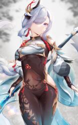  bare_hips black_bodysuit bodysuit braid breast_curtain breasts calamity_queller_(genshin_impact) closed_mouth covered_navel eyes_visible_through_hair female floating_hair genshin_impact grey_eyes grey_hair hair_between_eyes hair_over_one_eye highres holding holding_polearm holding_weapon long_hair looking_at_viewer low-braided_long_hair low-tied_long_hair masai_no_senshi medium_breasts polearm shenhe_(genshin_impact) solo standing swept_bangs very_long_hair weapon 