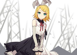  25-ji_rin aqua_eyes bare_shoulders black_choker black_skirt blonde_hair bow bow_hairband choker commentary corset detached_sleeves female frilled_choker frills hair_ornament hairband hairclip high-waist_skirt highres kagamine_rin looking_at_viewer neck_ribbon project_sekai red_ribbon ribbon shachi_(kaisendon) shirt short_hair skirt sleeves_past_wrists solo truss two-tone_skirt vocaloid white_bow white_hairband white_shirt white_skirt 