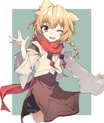  animal_ears arm_up blonde_hair braid brown_eyes commentary dress female hair_between_eyes ithea_myse_valgulious long_hair long_sleeves looking_at_viewer oerba_yun_fang one_eye_closed open_mouth red_scarf scarf shorts shuumatsu_nani_shitemasu_ka? simple_background smile solo standing tsuezu twin_braids two-tone_background 