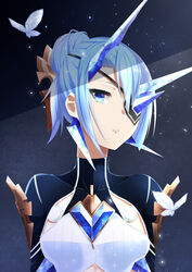  absurdres blue_eyes blue_hair breasts bug butterfly collarbone eyepatch female grey_background hair_bun head_tilt highres icicle light_blue_hair looking_at_viewer mebi_il shadow short_hair single_hair_bun small_breasts solo theory_(xenoblade) upper_body xenoblade_chronicles_(series) xenoblade_chronicles_2 