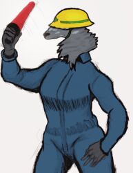  armedantagonist armedantagonist_(raid) armor canid canine canis clothing coveralls female gesture hard_hat headgear helmet humanoid mammal marshalling_wand neck_tuft oversized_clothing shadowed_eyes solo tuft waving wolf 