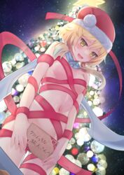  absurdres blonde_hair blush breasts christmas christmas_tree embarrassed female genshin_impact highres huziiro_matutya looking_down lumine_(genshin_impact) md5_mismatch medium_breasts medium_hair naked_ribbon night open_mouth resolution_mismatch ribbon santa_costume sign solo thighs translated yellow_eyes 