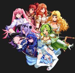  6+girls absurdres anna_(fire_emblem) armor armpits artist_name azura_(fire_emblem) blonde_hair blue_eyes blue_hair breasts brigid_(fire_emblem) brigid_(pirate)_(fire_emblem) camilla_(fire_emblem) celica_(fire_emblem) choker cleavage color_wheel_challenge commentary deviantart_username discord_username elbow_gloves english_commentary facebook_username fingerless_gloves fire_emblem fire_emblem:_genealogy_of_the_holy_war fire_emblem:_the_sacred_stones fire_emblem:_three_houses fire_emblem_awakening fire_emblem_echoes:_shadows_of_valentia fire_emblem_fates garreg_mach_monastery_uniform gloves green_eyes grey_hair hair_between_eyes hair_over_one_eye highres hilda_valentine_goneril jadenkaiba l&#039;arachel_(fire_emblem) large_breasts long_hair long_sleeves looking_at_viewer lucina_(fire_emblem) multiple_drawing_challenge multiple_girls one_eye_closed open_mouth orange_hair pink_eyes pink_hair pixiv_username ponytail purple_hair red_hair smile teeth tongue twintails watermark 