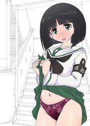  absurdres armband black_eyes black_hair black_neckerchief blouse blunt_bangs blunt_ends blush bob_cut bow bow_panties clothes_lift commentary commission female frown girls_und_panzer gotou_moyoko green_skirt highres lifting_own_clothes long_sleeves looking_at_viewer makura_ken medium_hair miniskirt neckerchief ooarai_school_uniform open_mouth panties partially_colored pixiv_commission pleated_skirt purple_panties sailor_collar school_uniform serafuku shirt skirt skirt_lift solo stairs stairwell standing sweatdrop tearing_up textless_version underwear white_sailor_collar white_shirt 