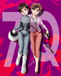  2girls black_hair bodysuit boots brown_eyes camera character_request chutohampa commentary_request gloves grey_bodysuit grey_shirt hand_on_another&#039;s_waist helmet holding holding_helmet multiple_girls open_mouth pants pink_pants purple_shirt shirt short_hair signature smile ultra_q ultra_series ultraseven_(series) white_footwear white_gloves 