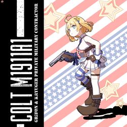  ahoge american_flag american_flag_neckwear american_flag_print bare_shoulders blonde_hair boots breasts character_name circle_a commentary_request english_text female flag_print full_body girls&#039;_frontline gloves gun handgun high_heel_boots high_heels highres holding holding_gun holding_weapon looking_at_viewer m1911 m1911_(girls&#039;_frontline) m1911_(mod3)_(girls&#039;_frontline) necktie short_hair skirt sleeveless solo star_(symbol) striped_background striped_clothes striped_thighhighs thighhighs weapon 