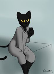  5_fingers anthro bare_legs black_body black_fur bottomless clothed clothing domestic_cat felid feline felis female fingers fur glare google google_doodle grey_clothing grey_shirt grey_topwear hand_between_legs hi_res how-about leaning leaning_forward looking_at_viewer magic_cat_academy mammal momo_(google) oversized_clothing shirt simple_background sitting solo topwear yellow_eyes yellow_sclera 