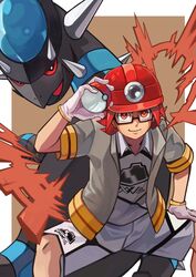  1boy absurdres black-framed_eyewear bright_pupils closed_mouth collared_shirt commentary_request glasses gloves grey_jacket grey_shirt grey_shorts hand_up helmet highres holding holding_poke_ball jacket legs_apart male_focus open_clothes open_jacket orange_eyes poke_ball poke_ball_(basic) pokemon pokemon_(creature) pokemon_dppt pokemon_swsh rampardos red_headwear roark_(pokemon) seyori_(rosenusu999) shirt short_sleeves shorts smile squatting white_pupils 