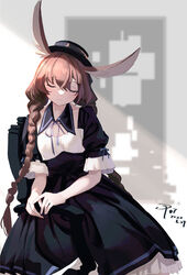  absurdres alternate_costume alternate_hairstyle amiya_(arknights) animal_ears arknights black_collar black_dress black_hat black_poi braid breasts brown_hair closed_eyes collar cowboy_shot dated detached_collar dress facing_viewer female grey_background hair_between_eyes hat highres long_hair neck_ribbon purple_ribbon rabbit_ears rabbit_girl ribbon short_sleeves simple_background small_breasts solo twin_braids 