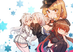  4girls aningay aug_(girls&#039;_frontline) bare_shoulders blonde_hair breasts brown_eyes brown_hair cleavage cowboy_shot dress eyes_visible_through_hair girls&#039;_frontline glock_17_(girls&#039;_frontline) gloves hair_between_eyes hat heart holding_hands iws_2000_(girls&#039;_frontline) large_breasts long_hair long_sleeves looking_at_viewer medium_hair multiple_girls red_eyes short_sleeves skirt smile ssg_69_(girls&#039;_frontline) thighhighs white_hair yellow_eyes 