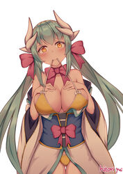  absurdres bikini breasts dragon_girl dragon_horns fate/grand_order fate_(series) female front-tie_bikini_top front-tie_top green_hair highres hitori_yui horns japanese_clothes kimono kiyohime_(fate) kiyohime_(swimsuit_lancer)_(fate) kiyohime_(swimsuit_lancer)_(first_ascension)_(fate) long_hair medium_breasts multiple_horns obi sash solo swimsuit yellow_bikini yellow_eyes 