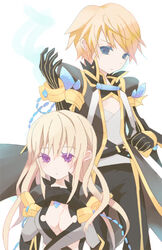  1boy black_coat black_gloves black_pants blonde_hair blue_eyes breasts cleavage closed_mouth coat commentary_request cowboy_shot eon_(greencastle) expressionless female gloves halterneck long_hair long_sleeves looking_at_viewer medium_breasts own_hands_together pants purple_eyes ragnarok_online shirt short_hair upper_body warlock_(ragnarok_online) white_shirt 