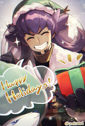  1boy bad_id bad_pixiv_id black_gloves blush calyrex closed_eyes coat commentary_request facing_viewer gift gloves green_coat green_headwear grin happy_holidays hat highres holding holding_gift holding_sack jam8686 leon_(holiday_2021)_(pokemon) leon_(pokemon) male_focus notice_lines official_alternate_costume pokemon pokemon_(creature) pokemon_masters_ex sack santa_hat smile sparkle teeth upper_body 