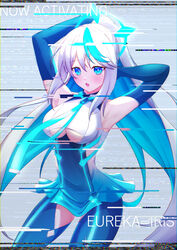  :o absurdres armpits arms_behind_head arms_up blue_dress blue_eyes blue_gloves blue_hair blue_pants breasts character_name clothing_cutout cocoablue23 cowboy_shot dress elbow_gloves eureka_iris female glitch gloves highres large_breasts liver_city long_hair looking_at_viewer multicolored_hair necktie open_mouth pants ponytail short_dress sleeveless sleeveless_dress solo standing thigh_cutout two-tone_dress two-tone_hair underboob underboob_cutout very_long_hair virtual_youtuber white_hair 