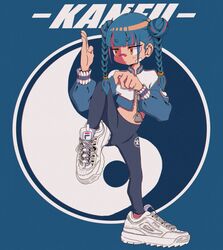  bandaid bandaid_on_cheek bandaid_on_face bandaid_on_nose blue_background blue_hair blunt_bangs braid closed_mouth double_bun fila full_body grey_leggings hair_bun hand_up highres jacket kung_fu leg_up leggings long_hair long_sleeves midriff nao97122 navel open_clothes open_jacket original shoes sneakers standing standing_on_one_leg streetwear twin_braids white_footwear yellow_eyes yin_yang zipper zipper_pull_tab 