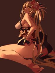  :&lt; ass barefoot bikini bow breasts brown_background closed_mouth commentary_request female flower granblue_fantasy hair_flower hair_ornament hairbow head_tilt hibiscus large_breasts long_hair official_alternate_costume ponytail red_eyes red_flower sidelocks simple_background sitting solo swimsuit vira_(granblue_fantasy) vira_(summer)_(granblue_fantasy) wat_(worldlog) 