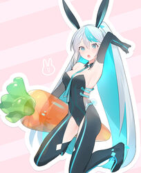  :o animal_ears arm_up armpits between_breasts black_gloves black_legwear black_leotard blue_eyes blue_hair breasts clothing_cutout commentary_request detached_collar elbow_gloves eureka_iris fake_animal_ears female gloves grey_hair highres holding inflatable_carrot inflatable_toy kneeling leotard liver_city long_hair looking_at_viewer medium_breasts multicolored_hair necktie open_mouth pink_background ponytail rabbit_ears solo thigh_cutout transparent two-tone_hair tym_taro very_long_hair virtual_youtuber wing_collar 