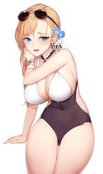  azur_lane bare_arms bare_shoulders blonde_hair blue_eyes bracelet breasts btraphen cleavage commentary covered_navel earrings eyewear_on_head female highres hood_(azur_lane) hood_(lady_of_the_shining_sun)_(azur_lane) invisible_chair jewelry large_breasts long_hair looking_at_viewer official_alternate_costume one-piece_swimsuit open_mouth sideboob sidelocks simple_background sitting smile solo sunglasses swimsuit thighs white_background 