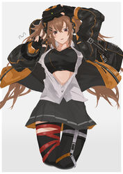  black_gloves black_jacket black_tank_top black_thighhighs breasts brown_eyes brown_hair female fingerless_gloves girls&#039;_frontline gloves grey_background grey_skirt hair_ornament hand_on_own_head headphones highres jacket long_hair looking_at_viewer open_clothes open_mouth open_shirt shirt skirt solo standing sutekina_awa tank_top thighhighs ump9_(girls&#039;_frontline) white_shirt 