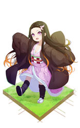  absurdres black_hair black_jacket commentary_request faux_figurine female full_body grass hair_ribbon haori highres jacket japanese_clothes kamado_nezuko kimetsu_no_yaiba kimono leg_up lis_zhu_long lolicon long_hair long_sleeves looking_at_viewer multicolored_hair open_clothes open_mouth orange_hair parted_bangs photoshop_(medium) pink_eyes pink_kimono pink_ribbon ribbon simple_background solo standing standing_on_one_leg two-tone_hair white_background wide_sleeves 