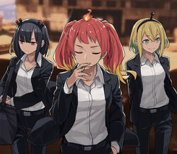  3girls alternate_costume amano_pikamee antennae arms_behind_back bag black_hair blonde_hair blurry blurry_background cigarette closed_eyes formal green_eyes hairband hand_in_pocket hikasa_tomoshika jitomi_monoe lapels long_sleeves magnet multicolored_hair multiple_girls notched_lapels pant_suit pants red_eyes red_hair short_hair shoulder_bag smile smoking suit toromera two-tone_hair virtual_youtuber voms 