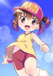  bakusou_kyoudai_let&#039;s_&amp;_go!! baseball_cap bike_shorts brown_eyes brown_hair clenched_hand cloud female groin hat highres himewachi looking_at_viewer navel open_mouth outdoors pink_headwear ponytail red_shorts sagami_jun shirt short_hair shorts sky sleeveless sleeveless_shirt smile solo standing standing_on_one_leg thighs wristband yellow_shirt 