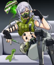  abs absurdres animification apex_legends balisong black_gloves black_shirt butterfly_knife_(apex_legends) couch cropped_shirt cropped_vest crossed_legs female finger_gun finger_gun_to_head fingerless_gloves genderswap_(mtf) gloves green_eyes green_nails green_vest grey_hair grey_shorts head_tilt highres knife long_hair mask mechanical_legs midriff mouth_mask navel nessie_(respawn) octane_(apex_legends) rule_63 science_fiction shirt shorts sitting solo stuffed_toy vest yiran 