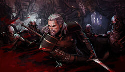  1boy 4others armor belt blood blood_on_weapon commentary english_commentary facial_hair fighting forest geralt_of_rivia gloves highres holding holding_sword holding_weapon medium_hair monster multiple_others nature nekker open_mouth outdoors red_eyes sword sword_on_back the_witcher_(series) tree weapon weapon_on_back white_hair witcher_medallion yama_orce 