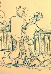  anthro antlers beastars canid canine canis cervine clothed clothing deer duo fully_clothed heart_symbol horn legoshi_(beastars) looking_at_another louis_(beastars) male male/male mammal plant railing red_deer romantic scenic_view tree wolf wuffinarts 