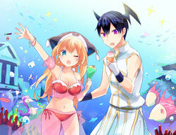  1boy adapted_costume bikini bikini_skirt black_hair black_headwear black_wings blonde_hair blue_eyes blush breasts caustics commentary_request cowboy_shot cross eon_(greencastle) female fingerless_gloves fish food gloves hat head_wings high_priest_(ragnarok_online) high_wizard_(ragnarok_online) ice_cream in-universe_location long_hair looking_at_viewer marc_(ragnarok_online) marine_sphere medium_breasts merman_(ragnarok_online) noah_hat_(ragnarok_online) one_eye_closed open_mouth pants penomena phen_(ragnarok_online) ragfes ragnarok_online red_bikini red_eyes seahorse shirt short_hair side-tie_bikini_bottom sleeveless sleeveless_shirt swimsuit swordfish_(ragnarok_online) water white_gloves white_pants white_shirt wings 