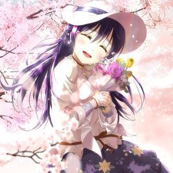  amamiya_(re-amamiya) blue_hair blush bouquet cherry_blossoms closed_eyes commentary_request female flower hair_between_eyes hat highres holding holding_bouquet long_hair long_sleeves love_live! love_live!_school_idol_festival love_live!_school_idol_project petals purple_flower purple_rose rose smile solo sonoda_umi sun_hat swept_bangs tree tulip white_flower yellow_flower yellow_tulip 